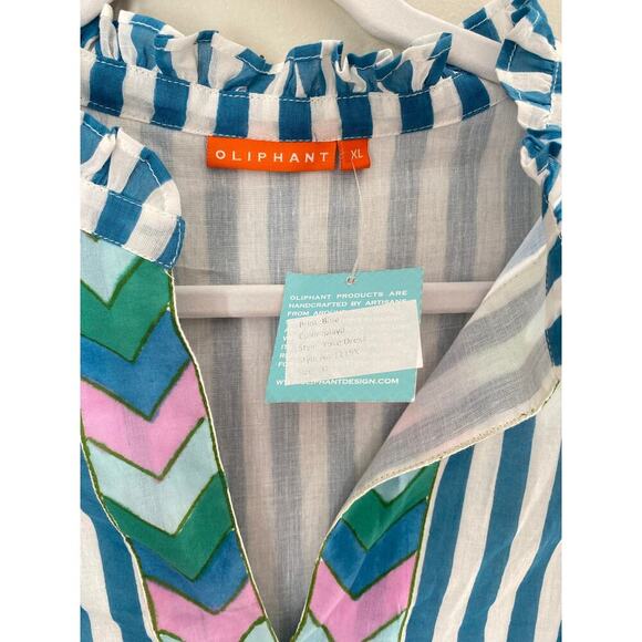 OLIPHANT Tuckernuck Playa Blue Striped Yoke Mini Dress Flirty Flare Cotton XL - Picture 12 of 14